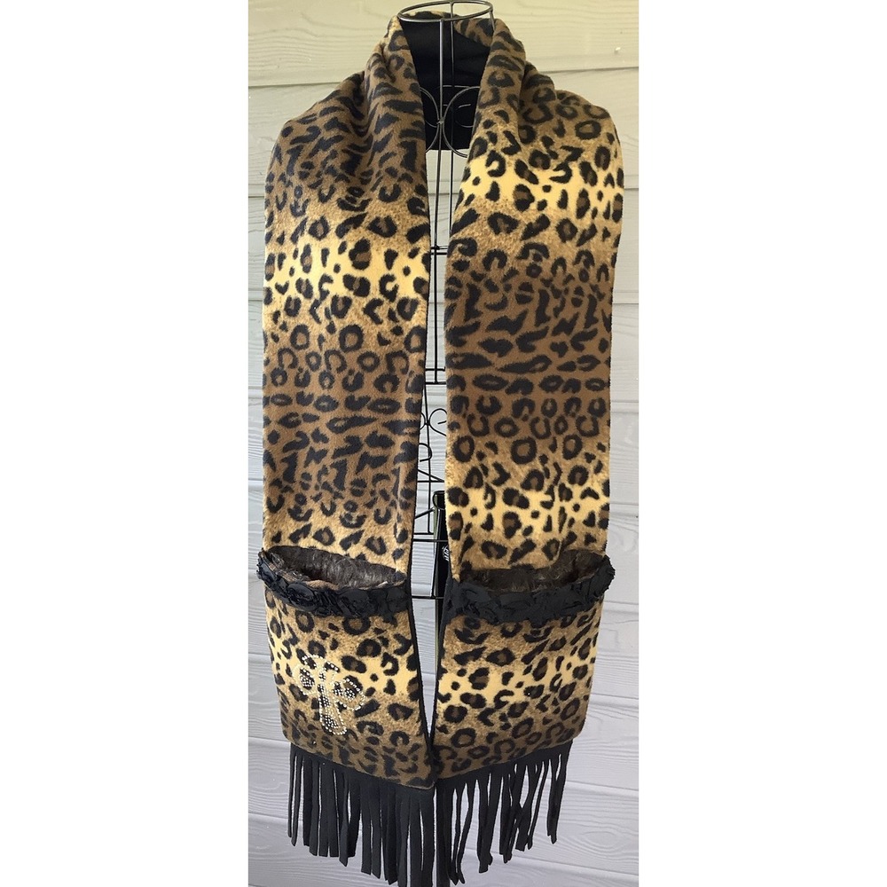 Beautiful Leopard Print Long Winter Scarf Hand Warmer Pockets Gold & Black Nice!